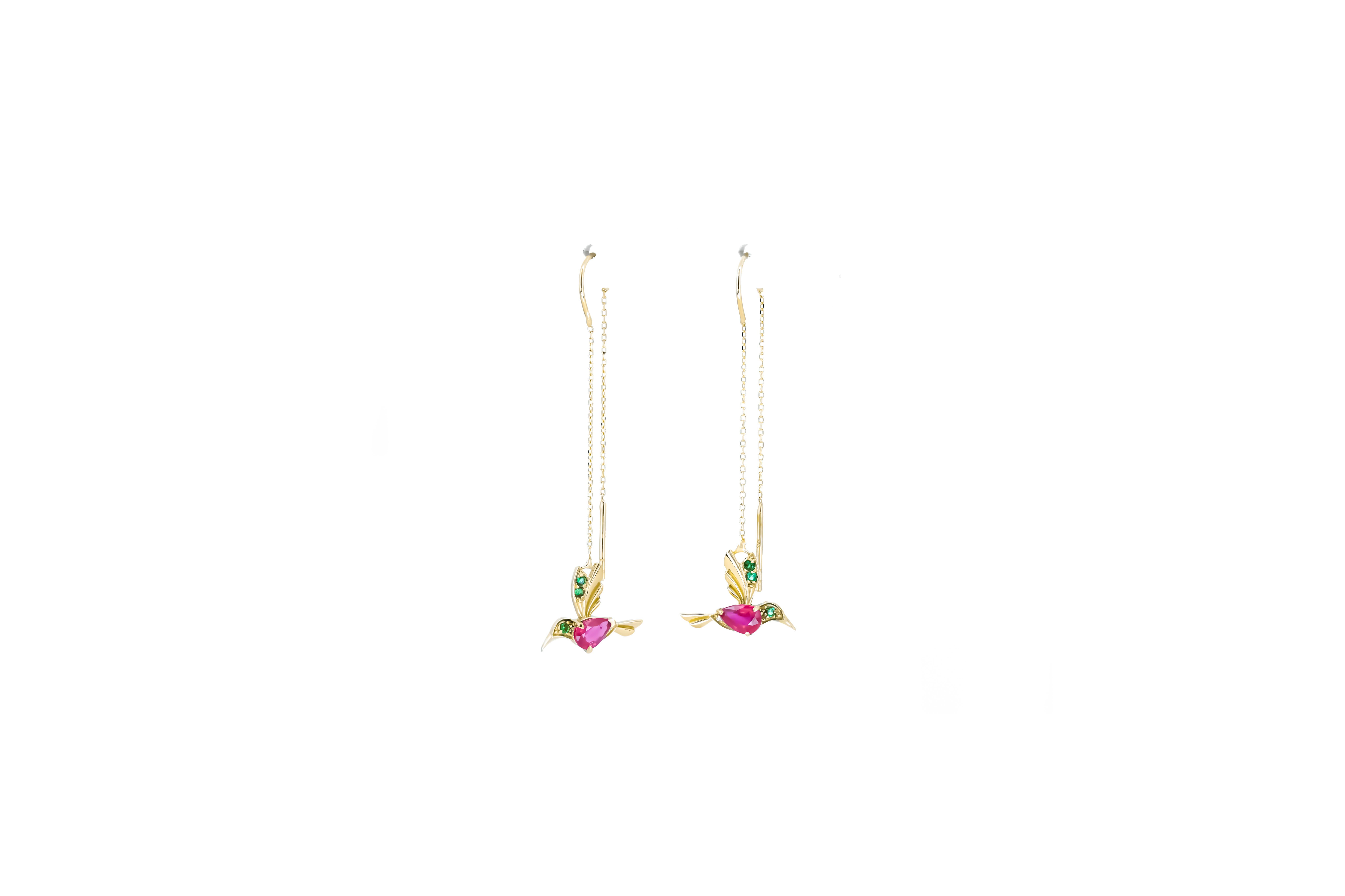 Hummingbird Threader Earrings  with Rubies in 14k Gold 8
