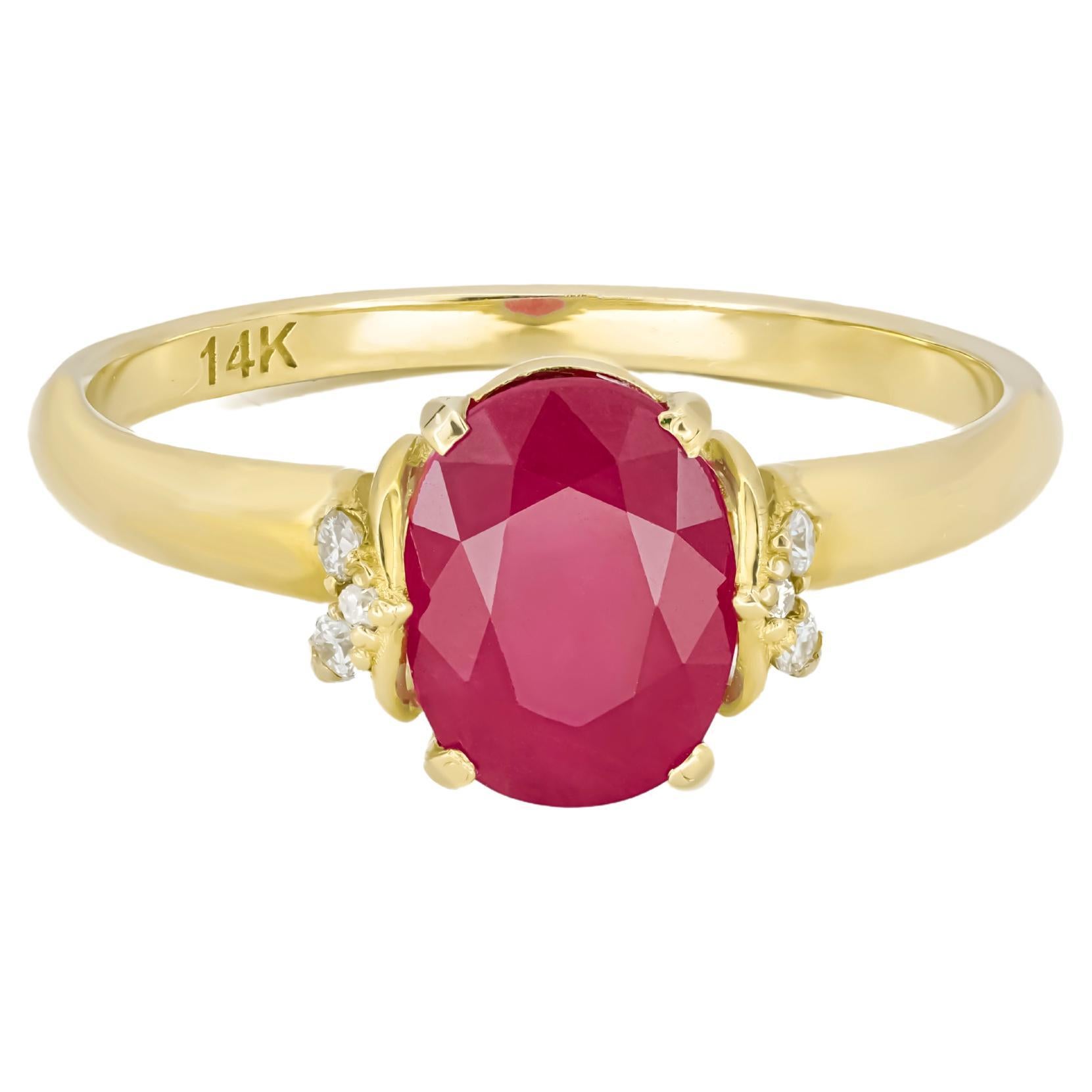 14 Karat Gold Ring with Ruby and Diamonds, Oval Ruby Ring In New Condition In Istanbul, TR
