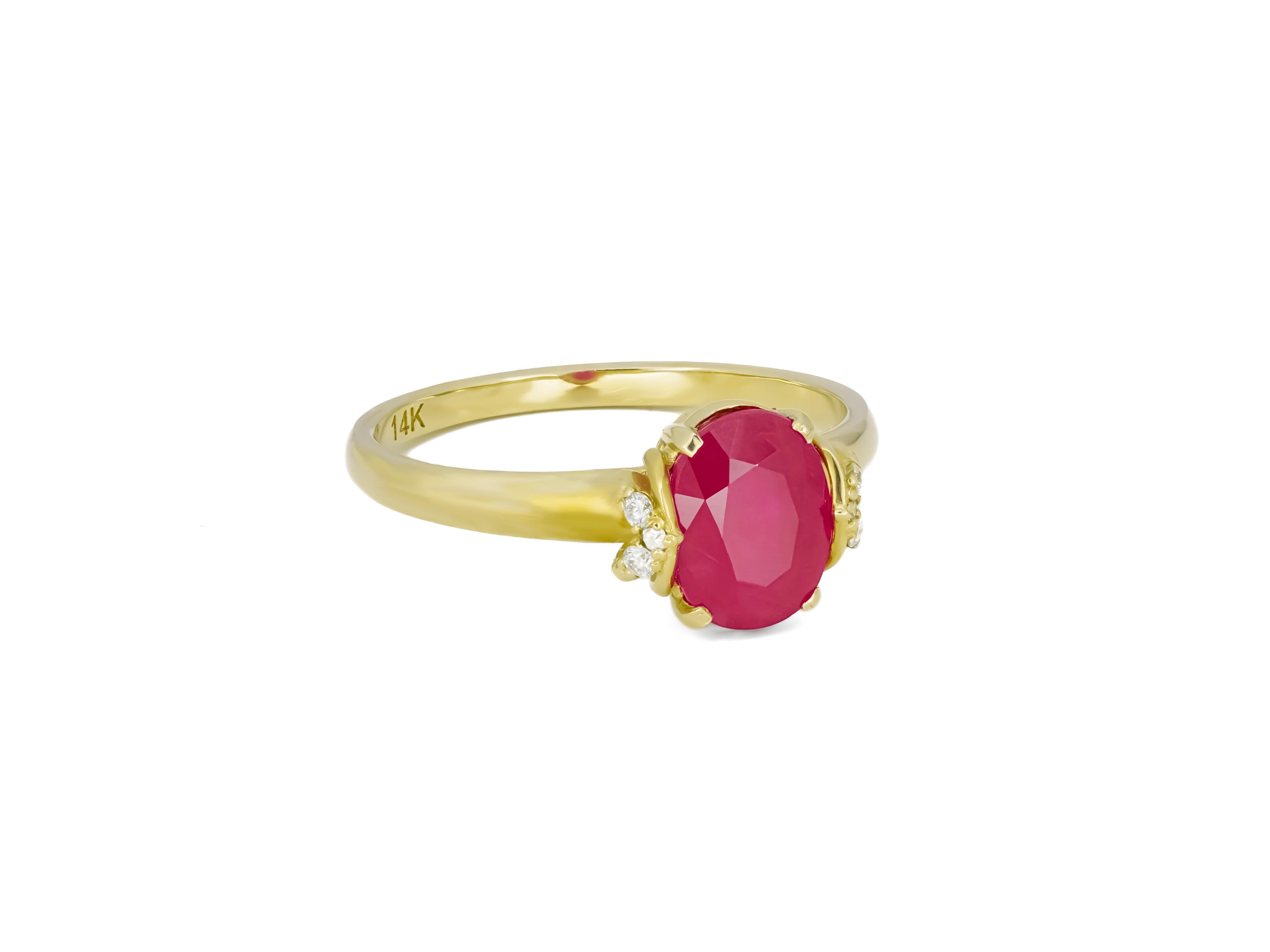 14 Karat Gold Ring with Ruby and Diamonds, Oval Ruby Ring 8
