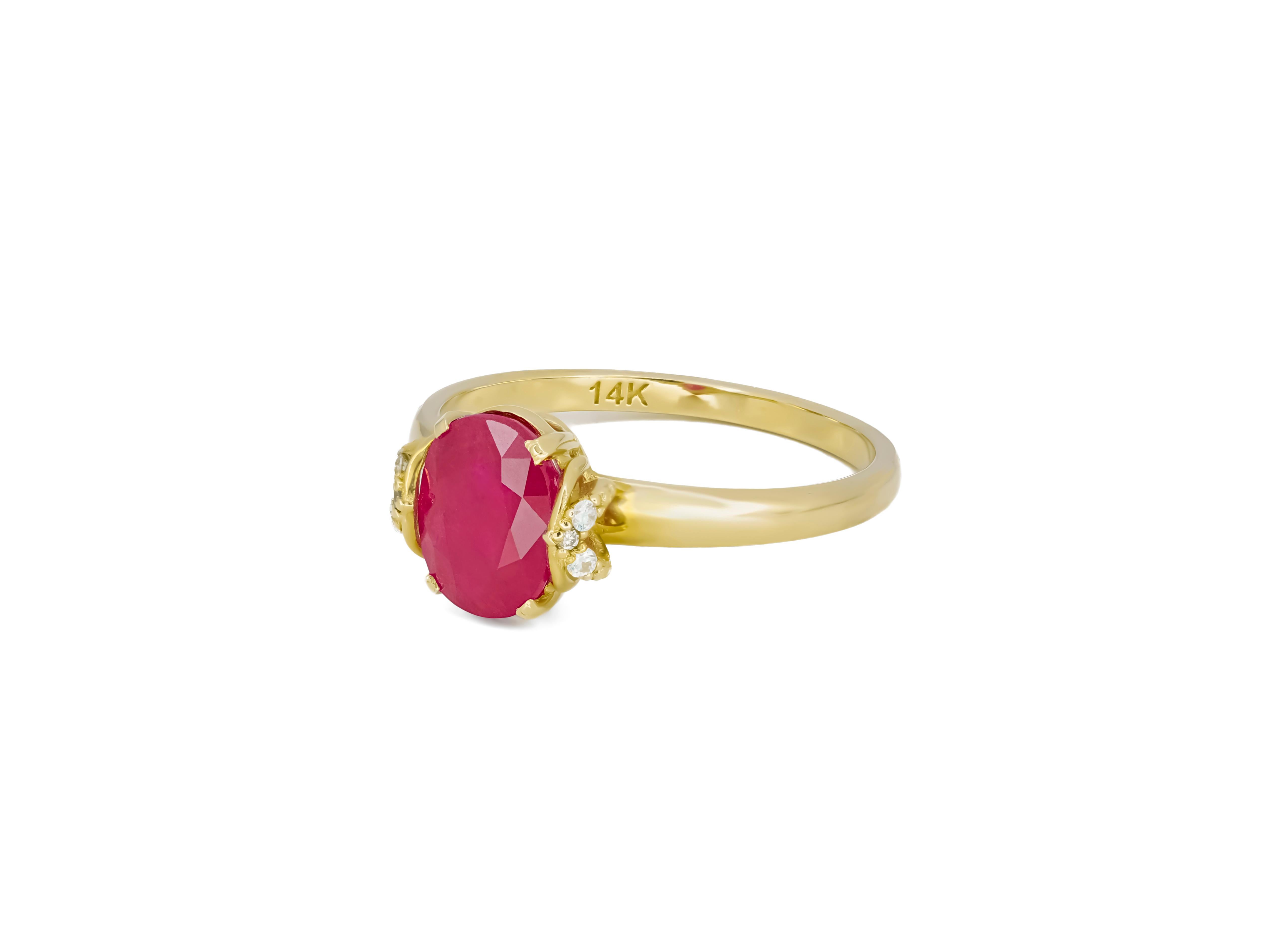 Oval Cut 14 Karat Gold Ring with Ruby and Diamonds, Oval Ruby Ring