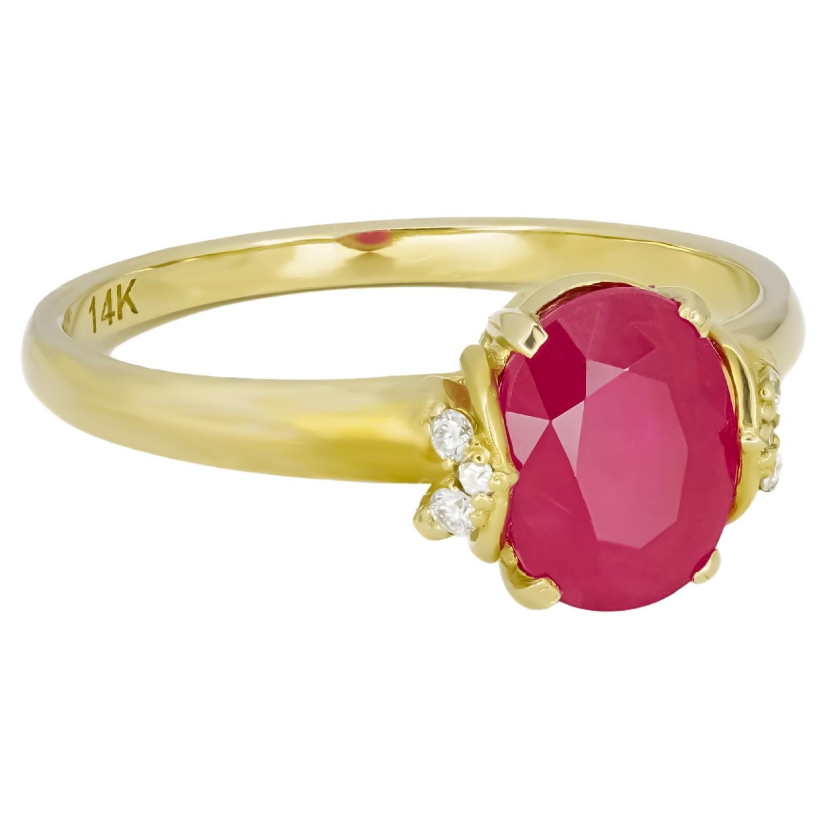 Modern 14 Karat Gold Ring with Ruby and Diamonds, Oval Ruby Ring