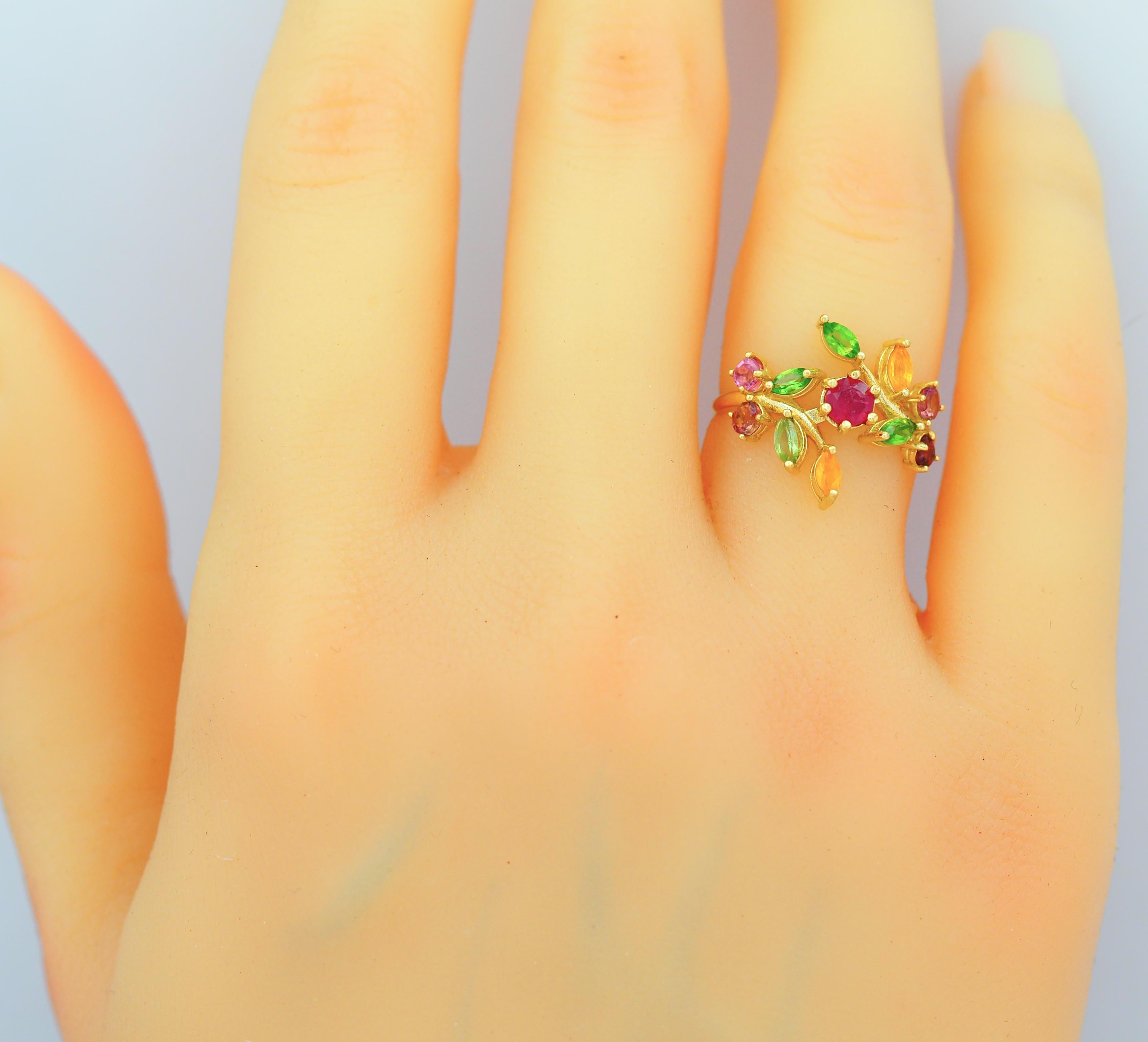 14k Gold Ring with Natural Ruby, Tourmalines and Sapphires, July Birthstone Ring 11