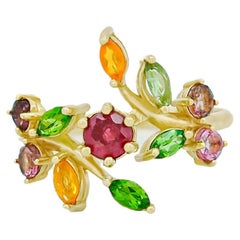 14k Gold Ring with Natural Ruby, Tourmalines and Sapphires, July Birthstone Ring