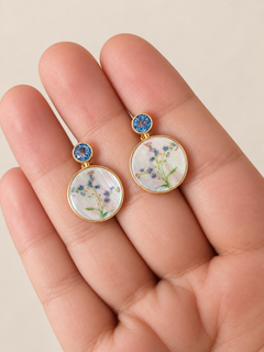 Mother Of Pearl Shell Stud Earrings with topaz and forget-me-nots painting.