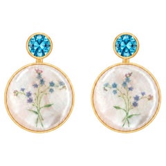 Mother Of Pearl Shell Stud Earrings with topaz and forget-me-nots painting.