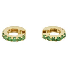 12 MM Emerald Huggie Earrings, Emerald Micro Pave Hoop Earrings