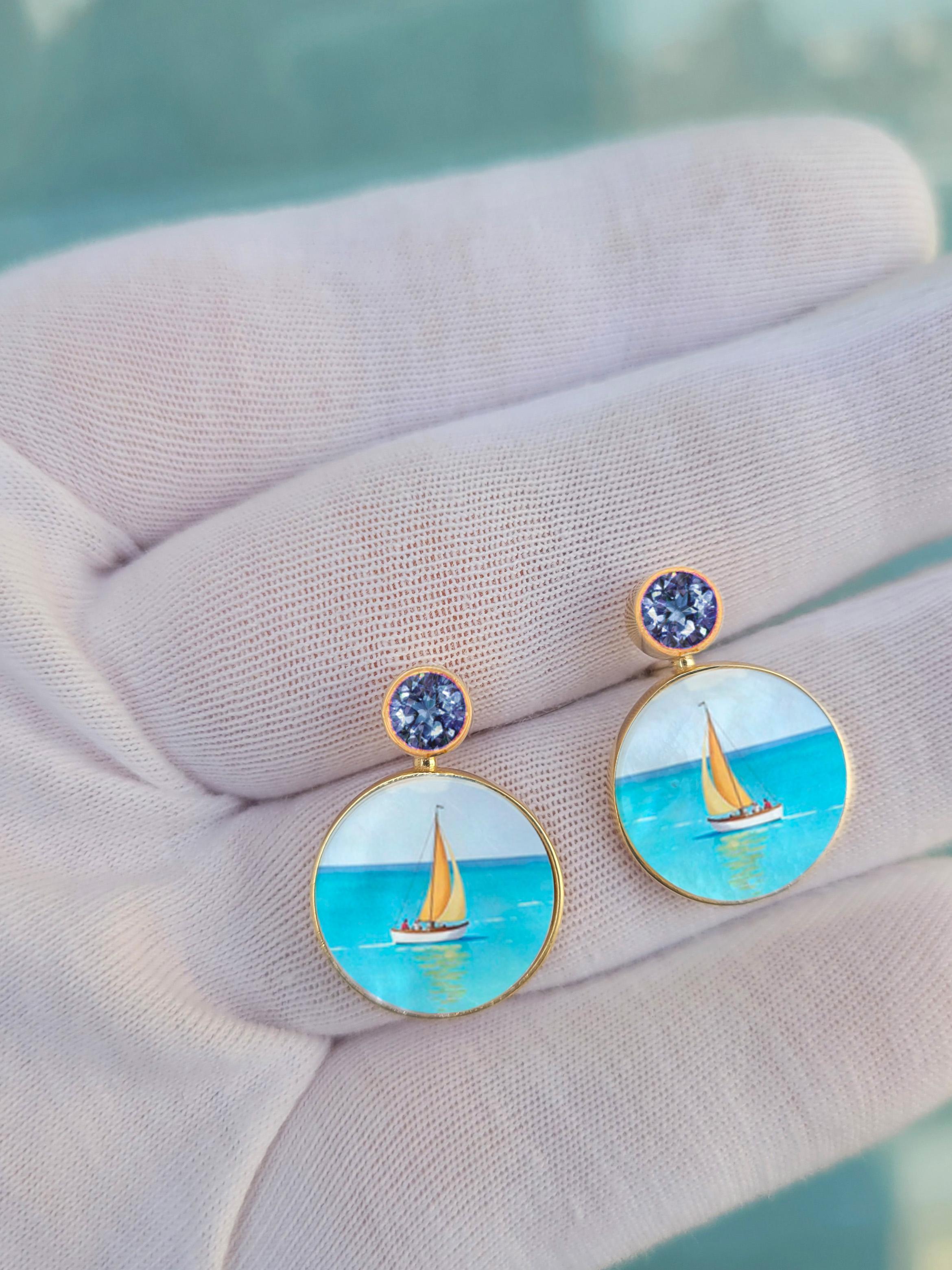 Meer inspiriert, Segelboot, Yacht Ohrringe mit Topas und Perlmutt für Damen oder Herren im Angebot