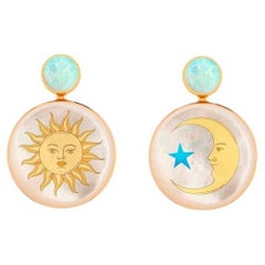 Mother Of Pearl Shell Stud Earrings, opal and sun and moon with star painting.