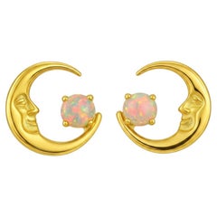 Opal, Crescent Moon Stud Earrings in 14k gold