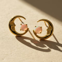Opal, Crescent Moon Stud Earrings in 14k gold