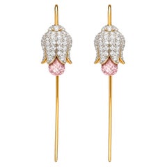 Silver, gold Lily flower earrings with rose quartz briolettes