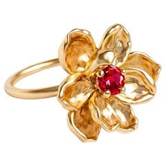 Peony flower ring with garnet, silver, gold