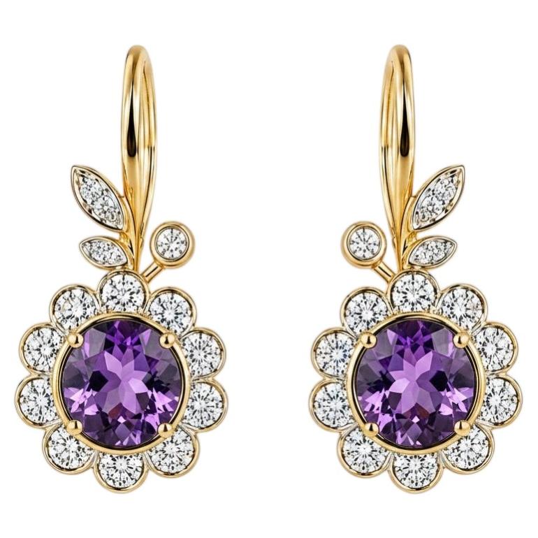 Boucles d'oreilles Art nouveau en forme de fleurs et de feuilles en améthyste, argent, or