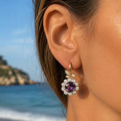 Boucles d'oreilles Art nouveau en forme de fleurs et de feuilles en améthyste, argent, or