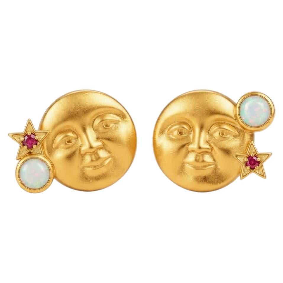 Mismatched Opal Moon Face Stud Earrings, silver, gold For Sale