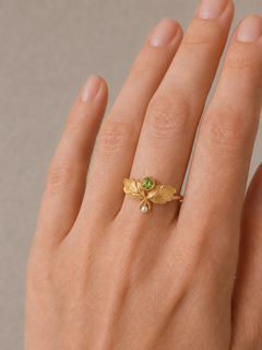 Art Nouveau–Inspired Peridot and Pearl Botanical Ring in 14k Gold