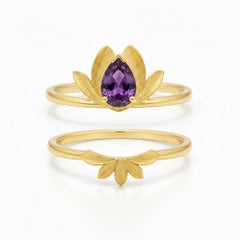 Pear-Cut Amethyst Two-Piece Lotus Ring, Silver, gold