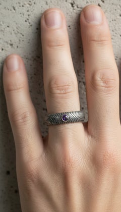 Men’s Amethyst Snakeskin Textured Silver Band Ring