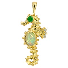 Natural Opal Seahorse Pendant Necklace, Silver 925 with Gold Plating
