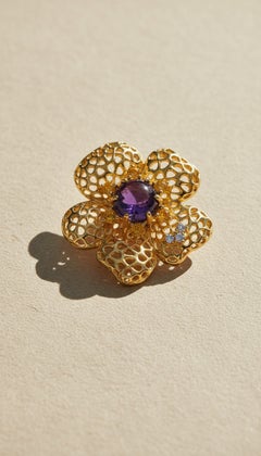 Durchbrochener Blumenanhänger aus Amethyst und Citrin, Silber, Gold