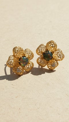 Black opal and Citrine Openwork Flower clip-on earrings, Silver, Gold