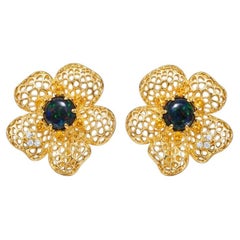 Black opal and Citrine Openwork Flower clip-on earrings, Silver, Gold