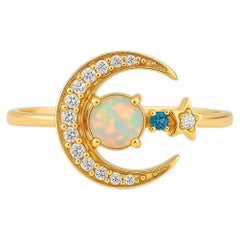 14k gold ring with opal cabochon: Crescent Moon Ring, Star ring