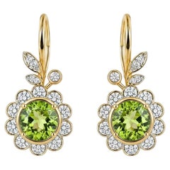 Art Nouveau Peridot Flower and Leaf Drop Earrings, silver, gold