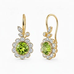 Art Nouveau Peridot Flower and Leaf Drop Earrings, silver, gold