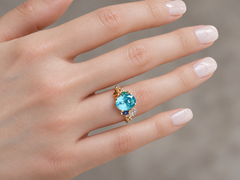 Asymmetric Floral Blue Topaz RIng, SIlver, Gold