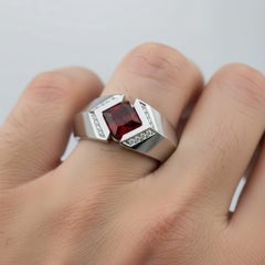 Square-Cut Garnet Architectural Silver Cocktail Ring