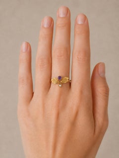 Art Nouveau–Inspired Amethyst and Pearl Botanical Ring in 14k Gold