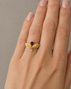Art Nouveau–Inspired Garnet and Pearl Botanical Ring in 14k Gold