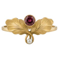 Art Nouveau–Inspired Garnet and Pearl Botanical Ring in 14k Gold