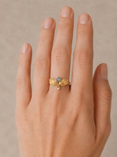 Art Nouveau–Inspired Topaz and Pearl Botanical Ring in 14k Gold