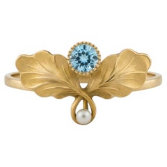 Art Nouveau–Inspired Topaz and Pearl Botanical Ring in 14k Gold