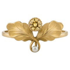 Art Nouveau–Inspired Citrine and Pearl Botanical Ring in 14k Gold