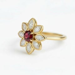14K Yellow Gold Garnet Daisy Flower Ring