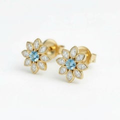 Boucles d'oreilles clous en or jaune 14 carats avec topaze en forme de marguerite