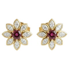 14K Yellow Gold Garnet Daisy Flower Earrings studs