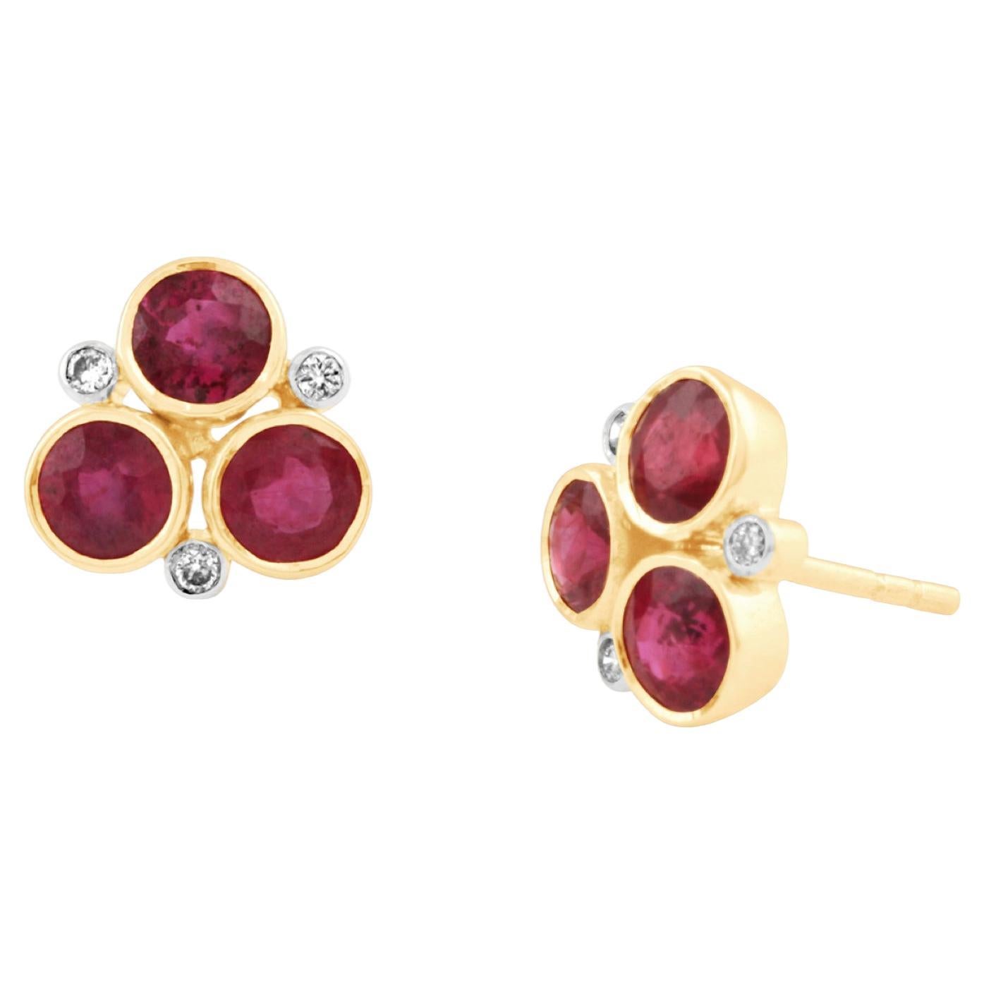 Ruby Round and Diamond Stud Earring in 18K Yellow Gold For Sale