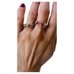 Blue Sapphire Square & Rainbow Moonstone Round Ring In 18K Yellow Gold