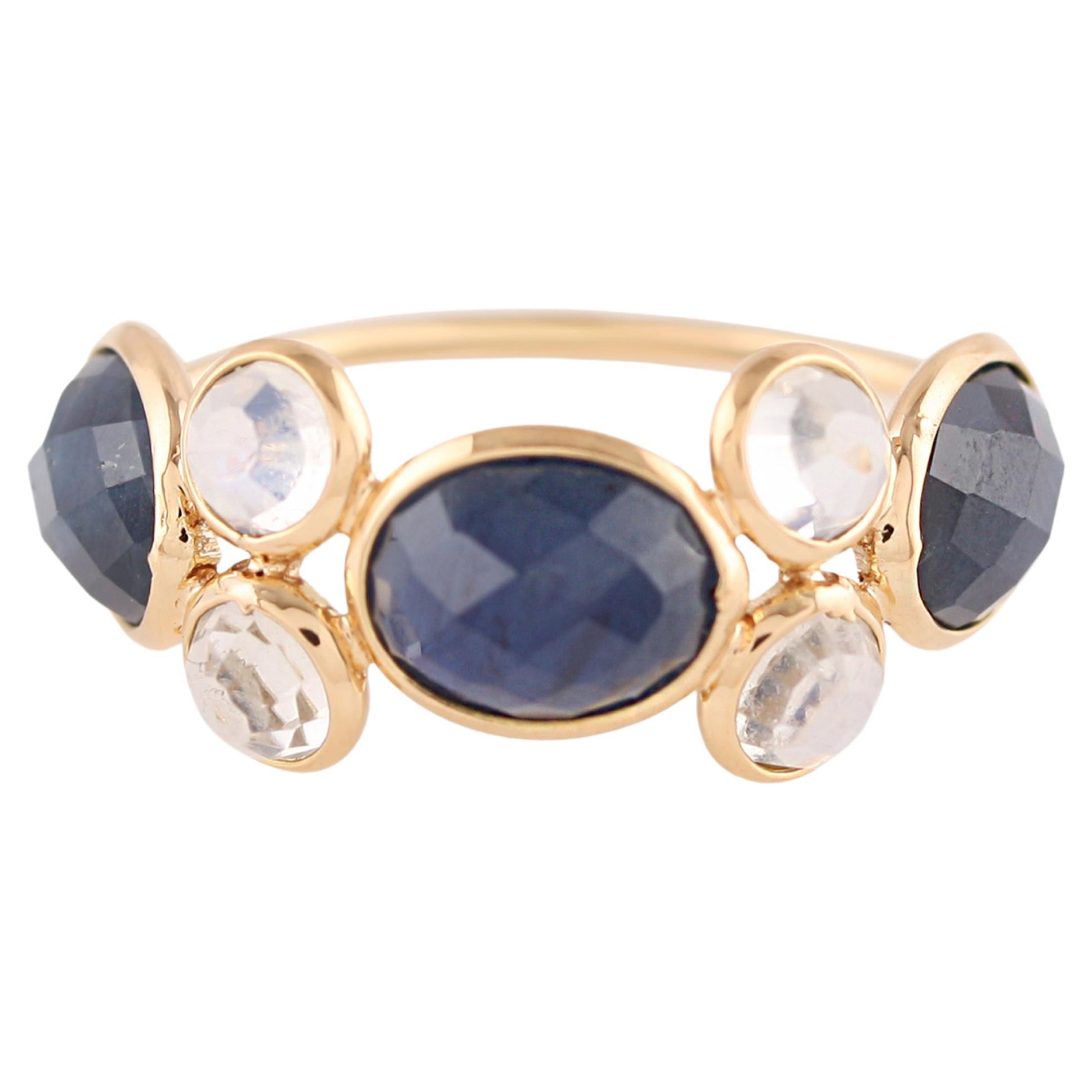 Blue Sapphire Oval & Rainbow Moonstone Rd. Ring In 18K Yellow Gold