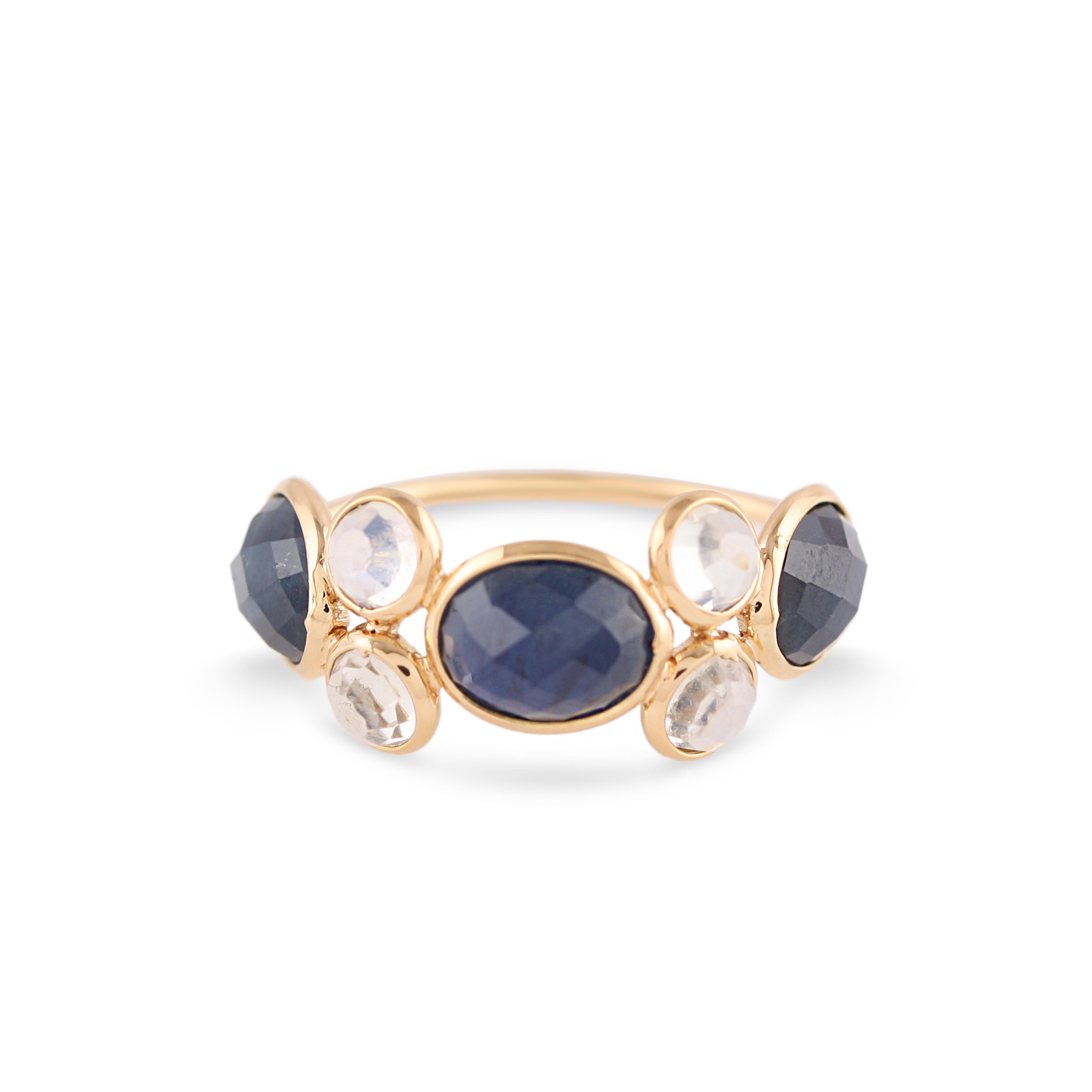 Oval Cut Blue Sapphire Oval & Rainbow Moonstone Rd. Ring In 18K Yellow Gold For Sale