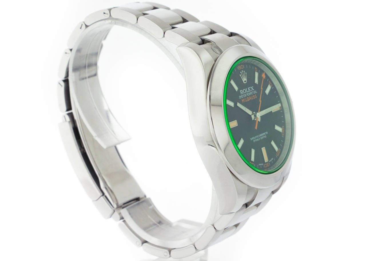 Rolex Stainless Steel Milgauss Green Sapphire Black Dial Wristwatch For Sale 1
