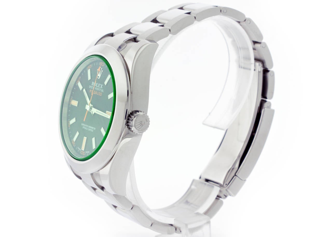 Men's Rolex Stainless Steel Milgauss Green Sapphire Black Dial Wristwatch For Sale