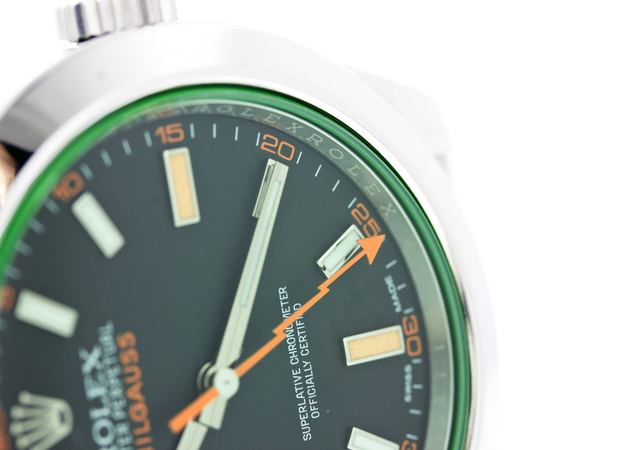 Rolex Stainless Steel Milgauss Green Sapphire Black Dial Wristwatch For Sale 2