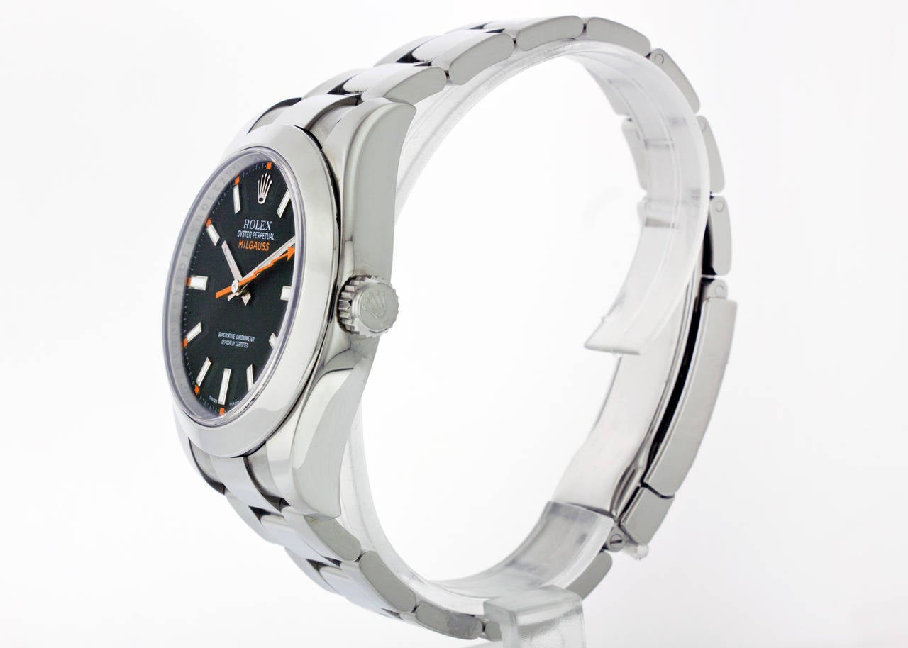Rolex 904L Stainless Steel Milgauss Orange Black Dial Wristwatch