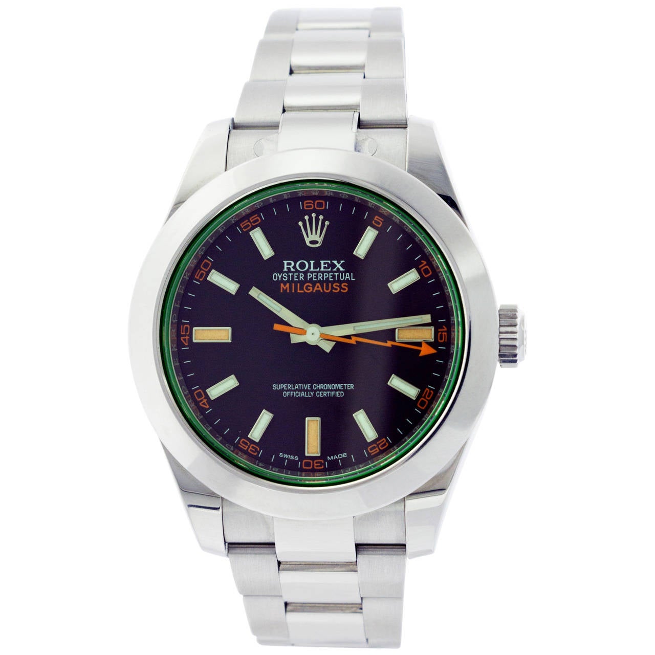 Rolex Stainless Steel Milgauss Green Sapphire Black Dial Wristwatch For Sale