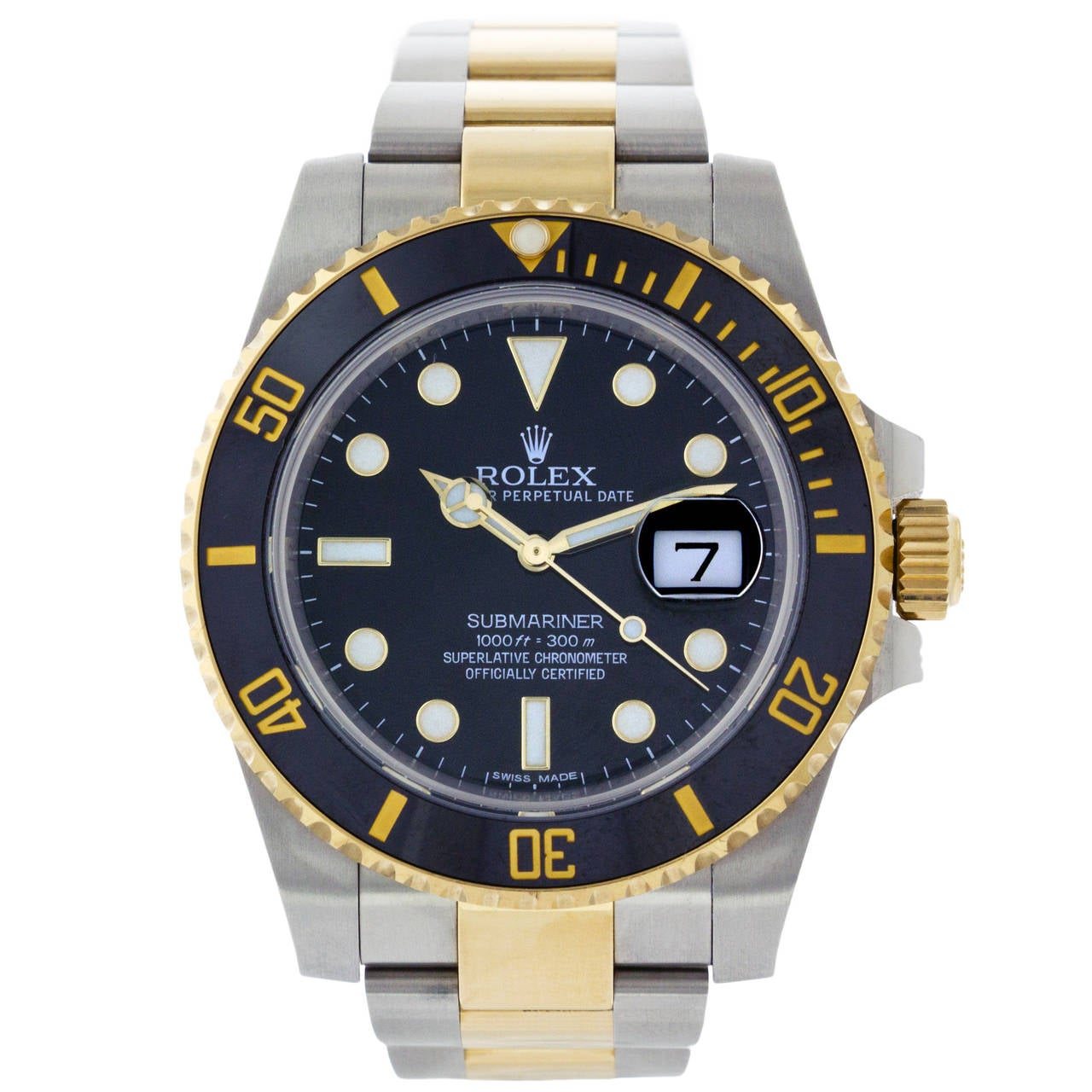 Rolex Yellow Gold Stainless Steel Submariner Black Ceramic Wristwatch Ref 116613 For Sale